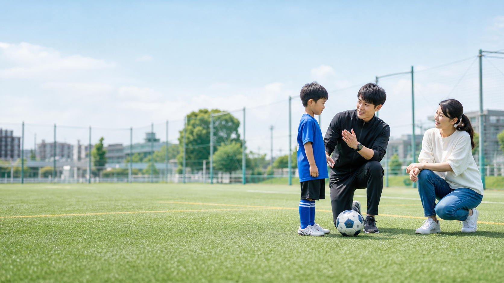 サッカーコーチが子どもと保護者に練習目的を説明している様子